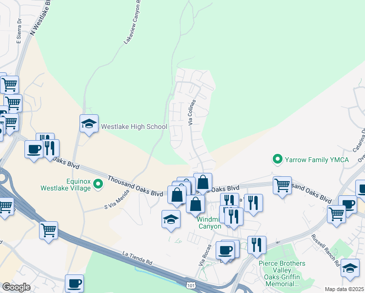 map of restaurants, bars, coffee shops, grocery stores, and more near 1143 Via Colinas in Thousand Oaks
