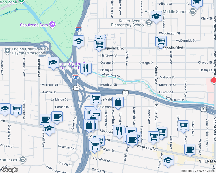 map of restaurants, bars, coffee shops, grocery stores, and more near 15200 Morrison Street in Los Angeles