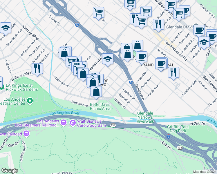 map of restaurants, bars, coffee shops, grocery stores, and more near 335 Ruberta Avenue in Glendale