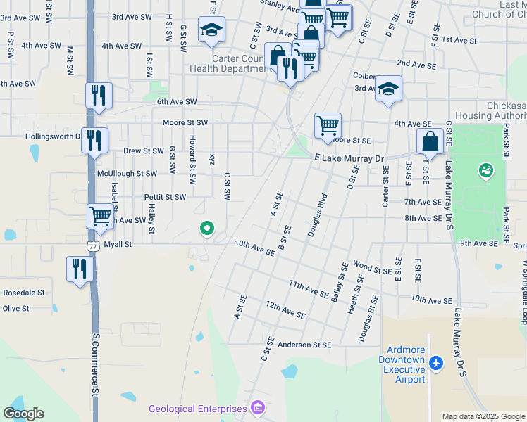 map of restaurants, bars, coffee shops, grocery stores, and more near 825 A Street Southeast in Ardmore