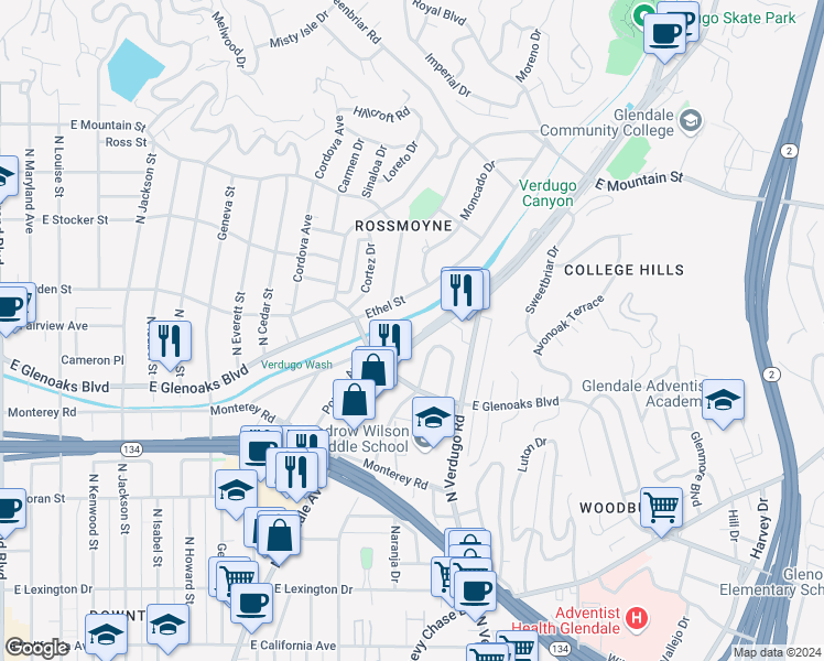 map of restaurants, bars, coffee shops, grocery stores, and more near 939 North Glendale Avenue in Glendale