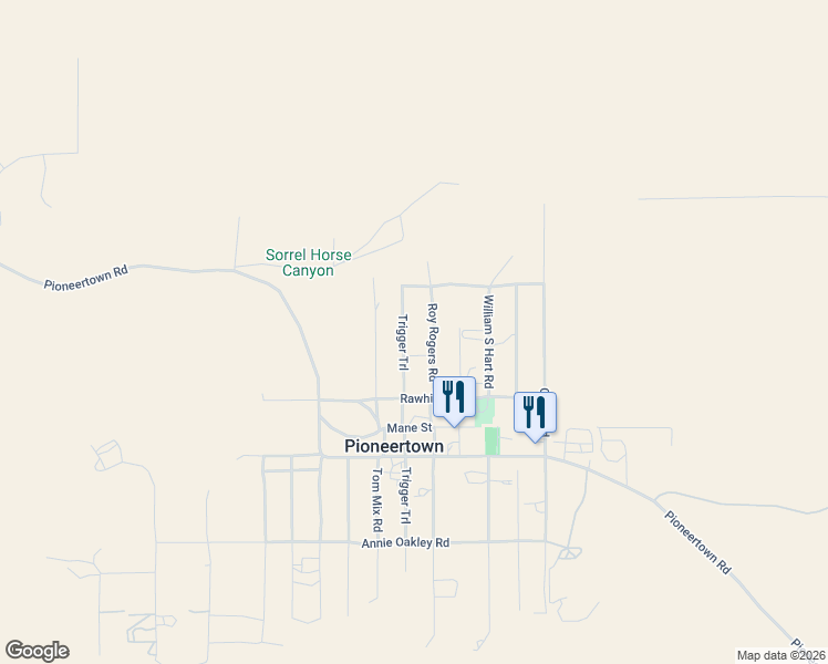 map of restaurants, bars, coffee shops, grocery stores, and more near 5177 Roy Rogers Road in Pioneertown