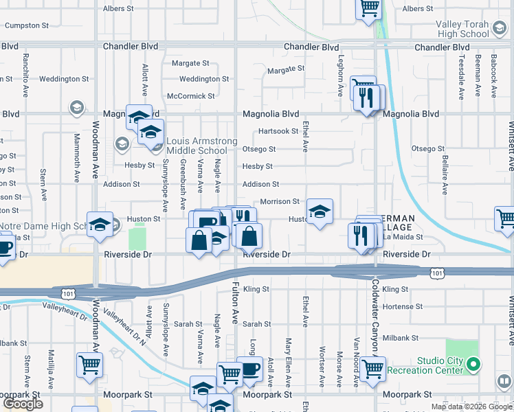 map of restaurants, bars, coffee shops, grocery stores, and more near 13226 Morrison Street in Los Angeles