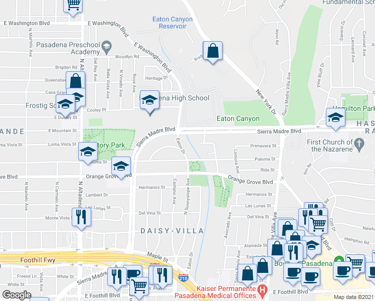 map of restaurants, bars, coffee shops, grocery stores, and more near 784 Eaton Drive in Pasadena