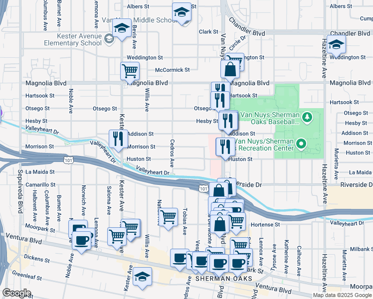 map of restaurants, bars, coffee shops, grocery stores, and more near 14626 Morrison Street in Los Angeles