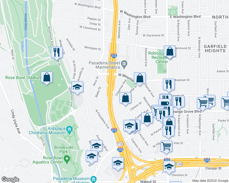 map of restaurants, bars, coffee shops, grocery stores, and more near 930 Lincoln Avenue in Pasadena