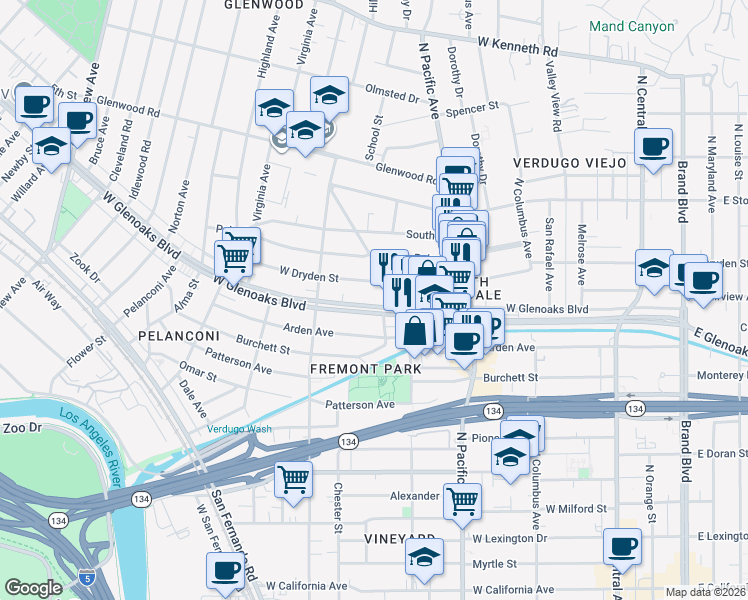 map of restaurants, bars, coffee shops, grocery stores, and more near 648 West Glenoaks Boulevard in Glendale