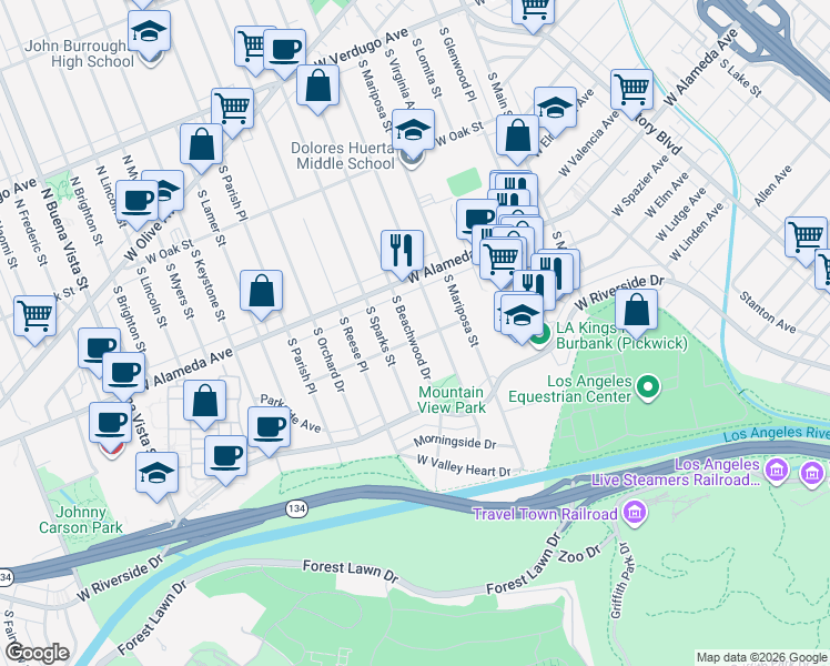 map of restaurants, bars, coffee shops, grocery stores, and more near 546 South Beachwood Drive in Burbank