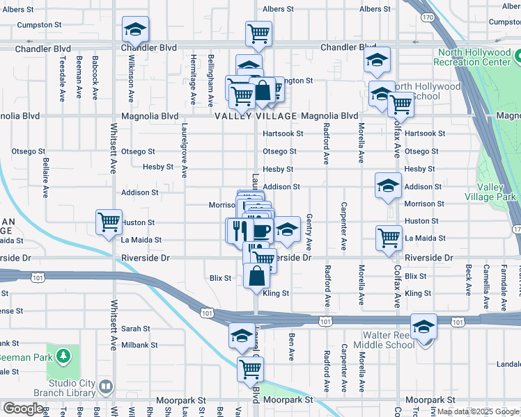 map of restaurants, bars, coffee shops, grocery stores, and more near 4922 Laurel Canyon Boulevard in Los Angeles