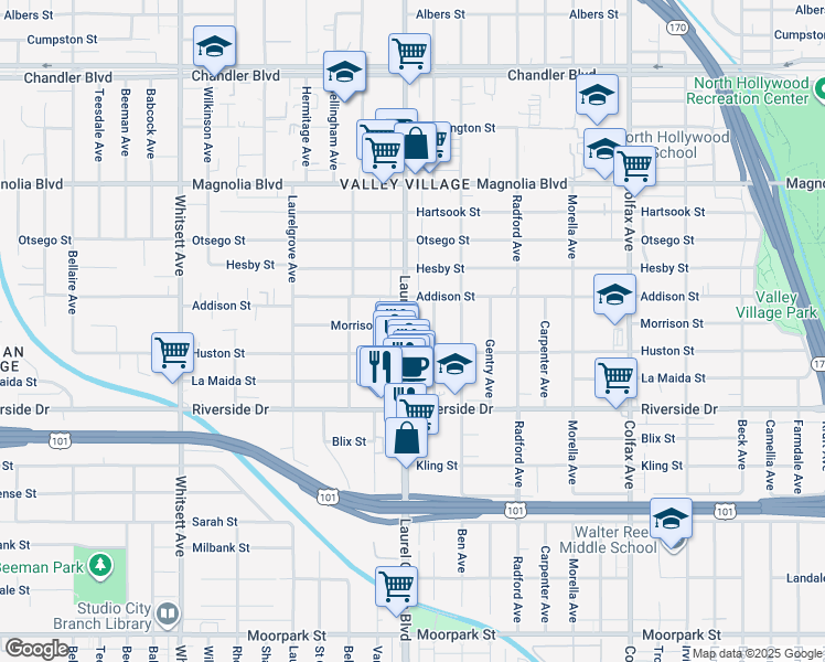 map of restaurants, bars, coffee shops, grocery stores, and more near 4922 Laurel Canyon Boulevard in Los Angeles