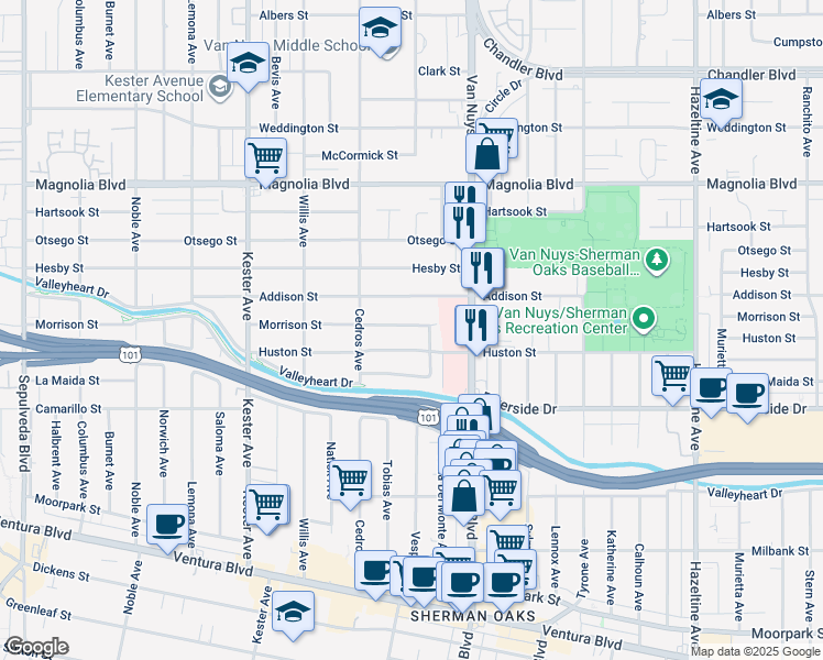 map of restaurants, bars, coffee shops, grocery stores, and more near 14602 Morrison Street in Los Angeles