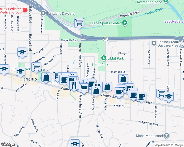 map of restaurants, bars, coffee shops, grocery stores, and more near 4928 Odessa Avenue in Los Angeles