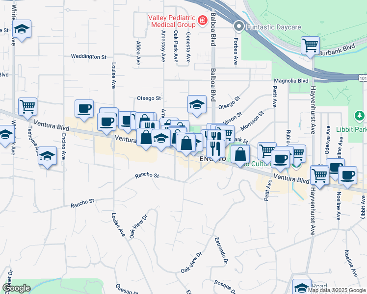 map of restaurants, bars, coffee shops, grocery stores, and more near 16946 Ventura Boulevard in Los Angeles