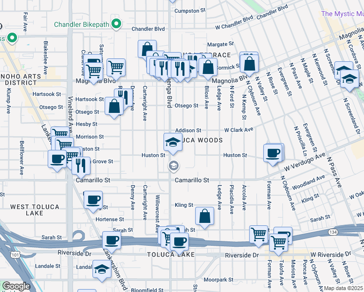 map of restaurants, bars, coffee shops, grocery stores, and more near 4923 Auckland Ave in Los Angeles