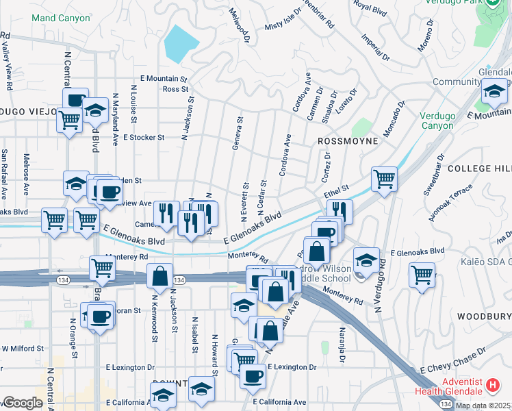 map of restaurants, bars, coffee shops, grocery stores, and more near 1007 North Cedar Street in Glendale