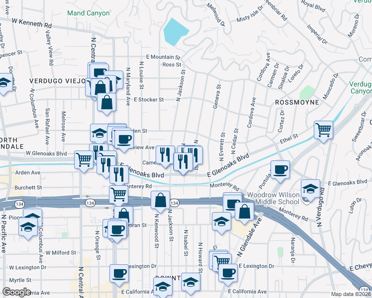 map of restaurants, bars, coffee shops, grocery stores, and more near 950 North Isabel Street in Glendale