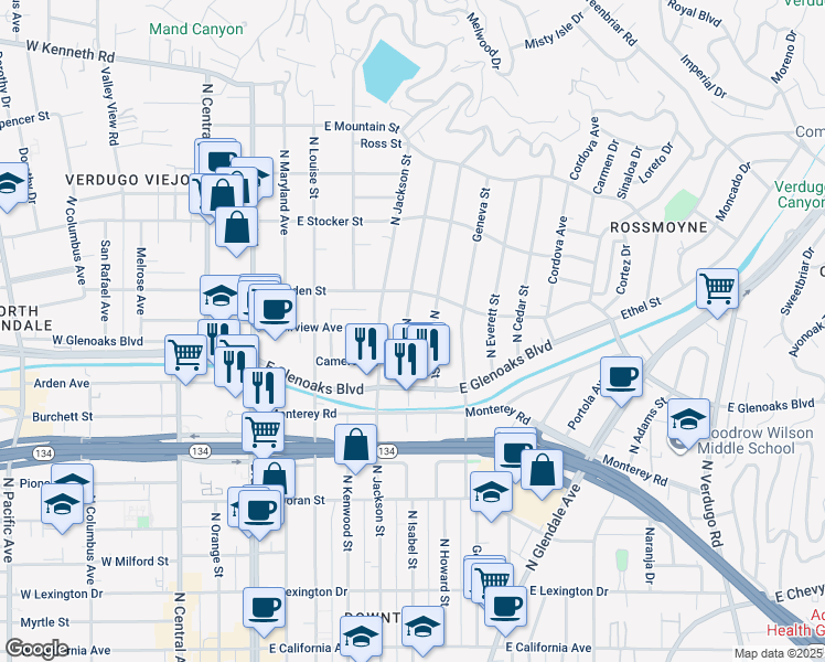 map of restaurants, bars, coffee shops, grocery stores, and more near 950 North Isabel Street in Glendale