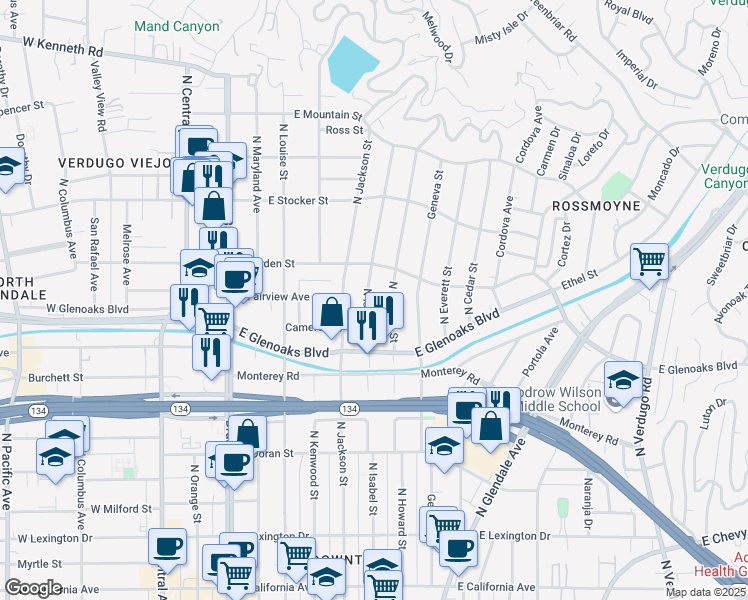map of restaurants, bars, coffee shops, grocery stores, and more near 950 North Isabel Street in Glendale