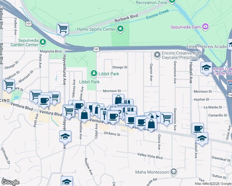 map of restaurants, bars, coffee shops, grocery stores, and more near 16146 Morrison Street in Los Angeles