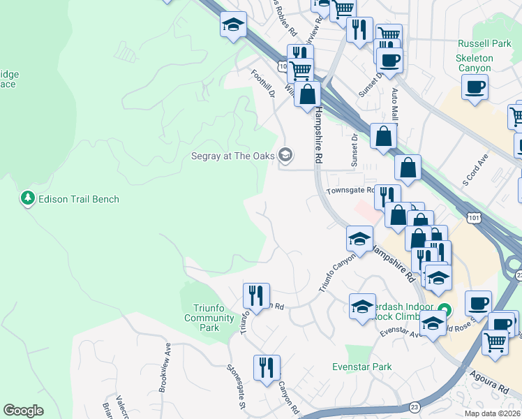 map of restaurants, bars, coffee shops, grocery stores, and more near 765 Coral Ridge Court in Westlake Village