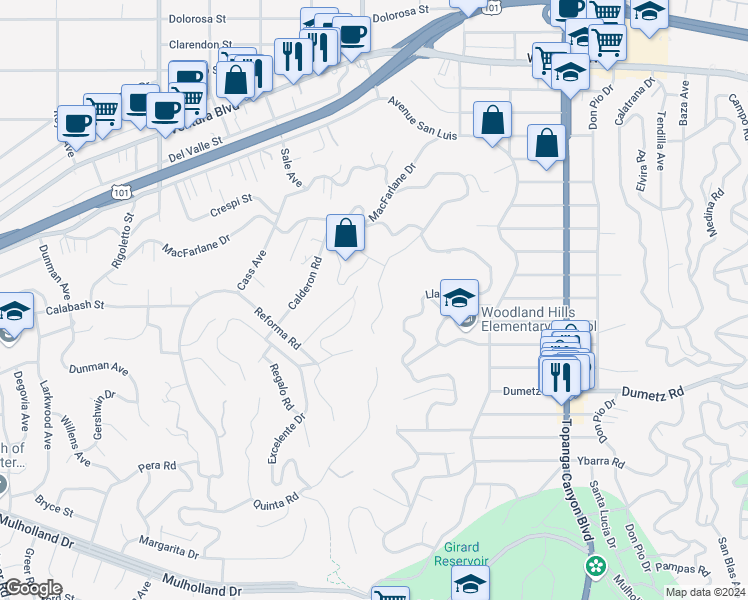 map of restaurants, bars, coffee shops, grocery stores, and more near 5023 Cerrillos Drive in Los Angeles