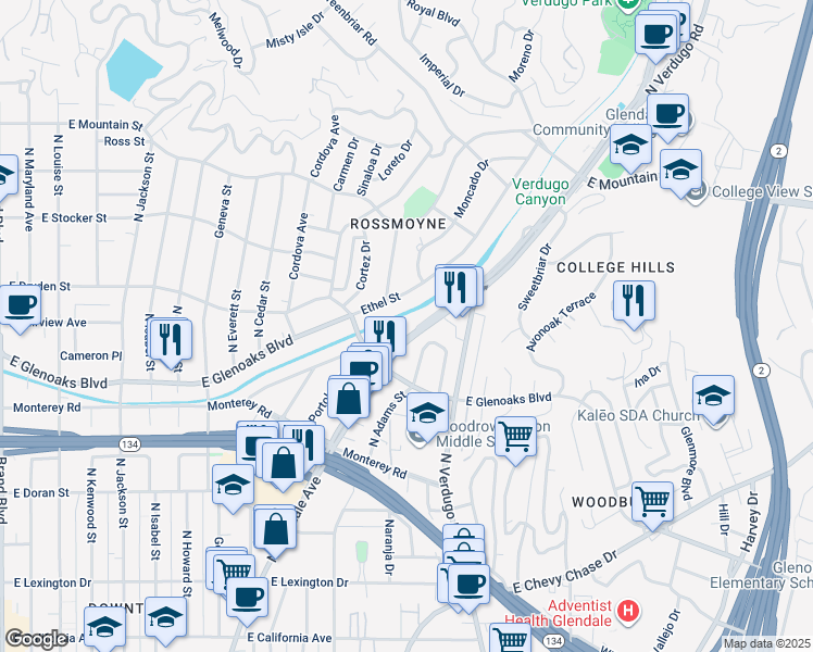 map of restaurants, bars, coffee shops, grocery stores, and more near 939 North Glendale Avenue in Glendale
