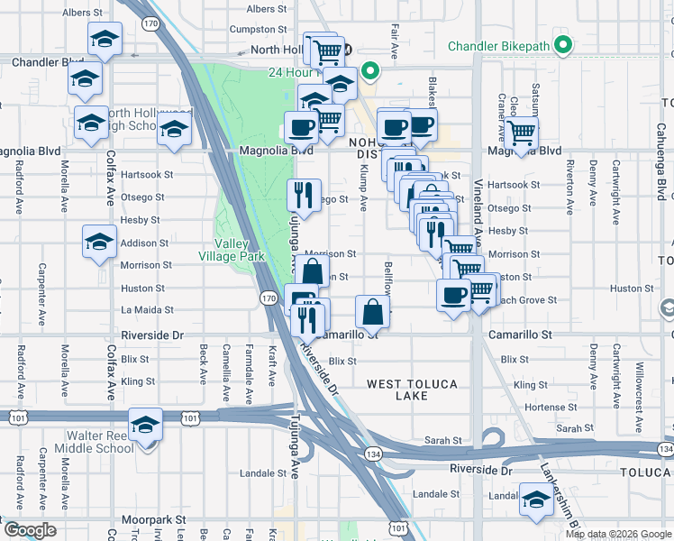 map of restaurants, bars, coffee shops, grocery stores, and more near 11275 Peach Grove Street in Los Angeles
