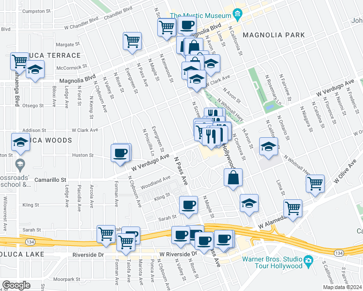 map of restaurants, bars, coffee shops, grocery stores, and more near 4001 West Verdugo Avenue in Burbank