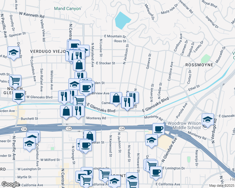 map of restaurants, bars, coffee shops, grocery stores, and more near 1001 North Howard Street in Glendale