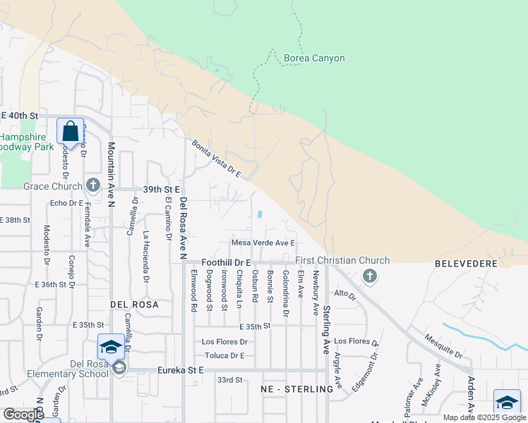 map of restaurants, bars, coffee shops, grocery stores, and more near 3828 Osbun Road in San Bernardino