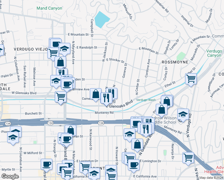 map of restaurants, bars, coffee shops, grocery stores, and more near 1001 North Howard Street in Glendale