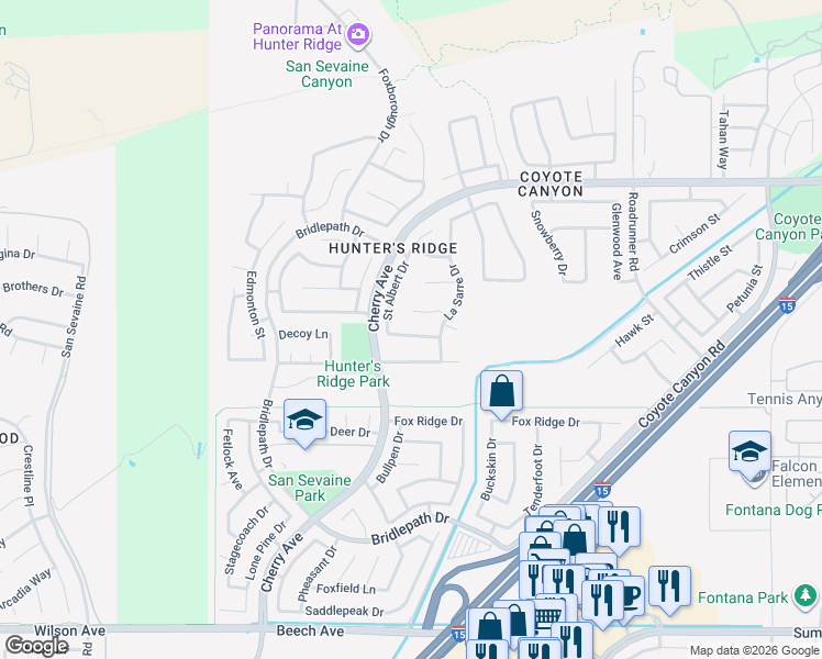 map of restaurants, bars, coffee shops, grocery stores, and more near 14852 Rosetown Avenue in Fontana