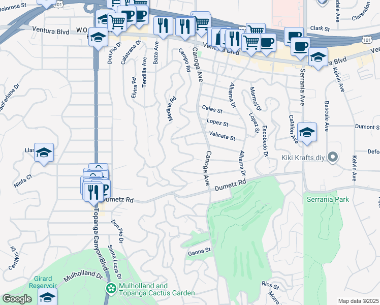 map of restaurants, bars, coffee shops, grocery stores, and more near 5064 Campo Road in Los Angeles