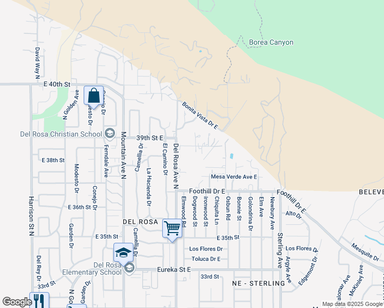 map of restaurants, bars, coffee shops, grocery stores, and more near 3775 Del Rosa Avenue North in San Bernardino