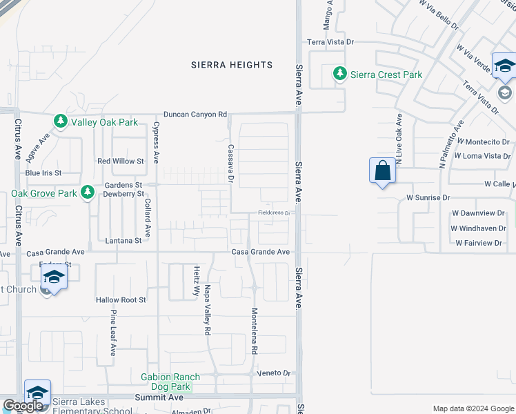 map of restaurants, bars, coffee shops, grocery stores, and more near 4936 Sierra Avenue in Fontana