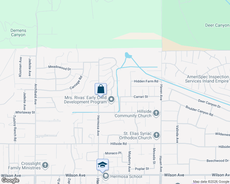 map of restaurants, bars, coffee shops, grocery stores, and more near 5200 Rocky Mountain Place in Rancho Cucamonga