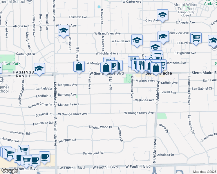 map of restaurants, bars, coffee shops, grocery stores, and more near 375 Ramona Avenue in Sierra Madre