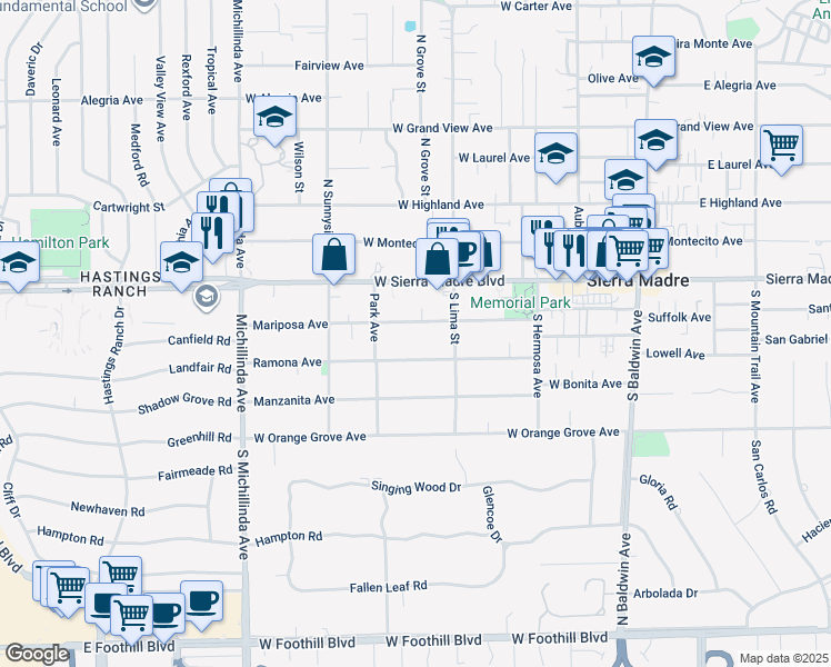 map of restaurants, bars, coffee shops, grocery stores, and more near 441 Ramona Avenue in Sierra Madre