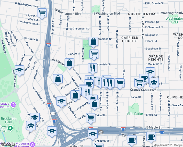map of restaurants, bars, coffee shops, grocery stores, and more near in Pasadena