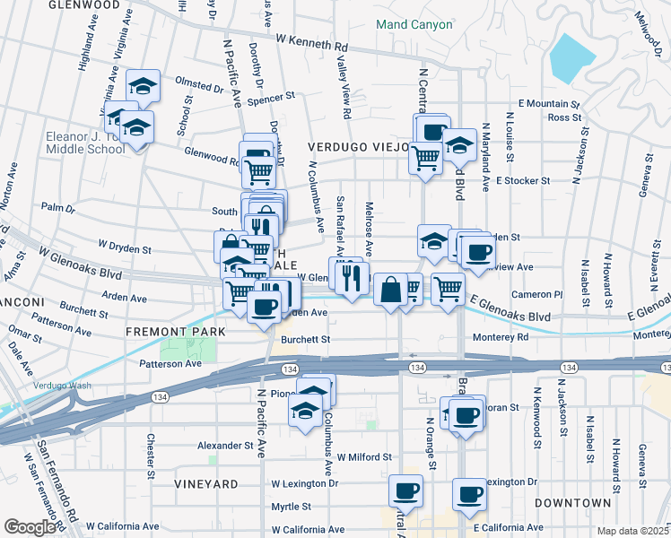 map of restaurants, bars, coffee shops, grocery stores, and more near 400 West Glenoaks Boulevard in Glendale