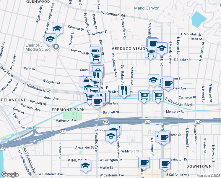 map of restaurants, bars, coffee shops, grocery stores, and more near 444 West Glenoaks Boulevard in Glendale
