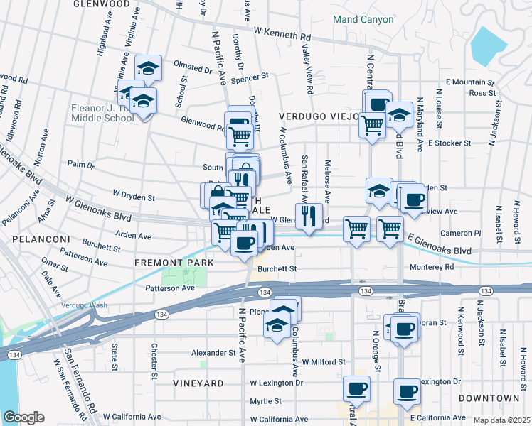 map of restaurants, bars, coffee shops, grocery stores, and more near 444 West Glenoaks Boulevard in Glendale