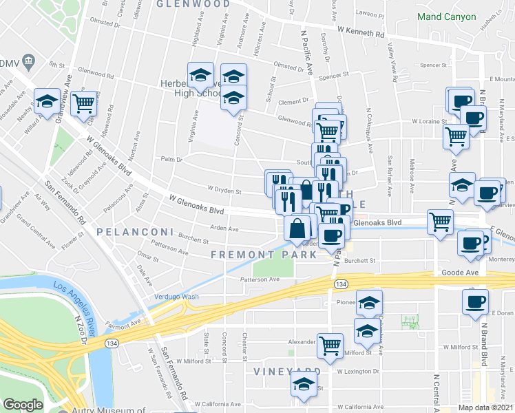 map of restaurants, bars, coffee shops, grocery stores, and more near 648 West Glenoaks Boulevard in Glendale