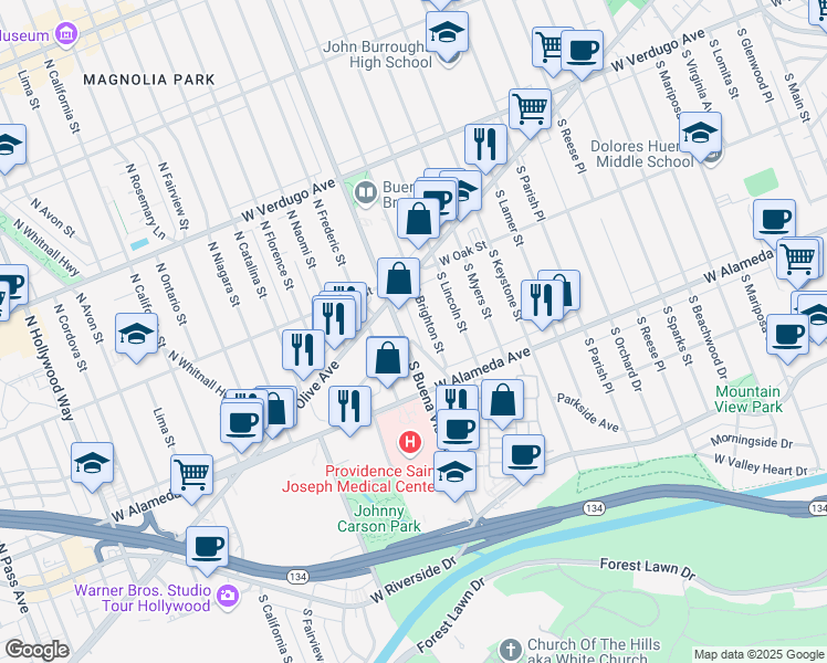 map of restaurants, bars, coffee shops, grocery stores, and more near 181 South Buena Vista Street in Burbank