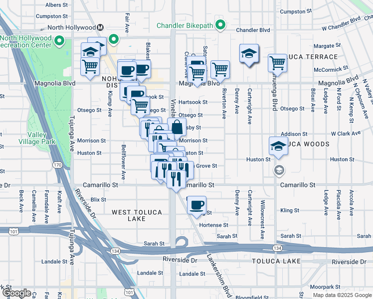 map of restaurants, bars, coffee shops, grocery stores, and more near 10946 Huston Street in Los Angeles