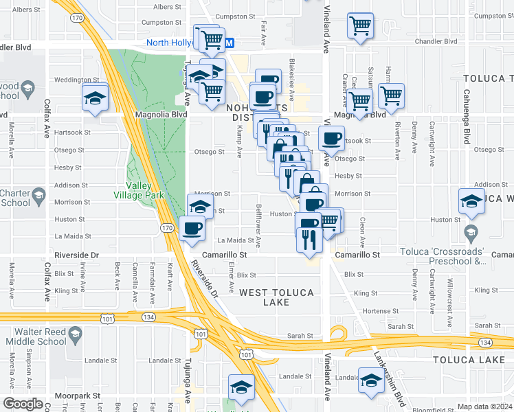 map of restaurants, bars, coffee shops, grocery stores, and more near 11170 Huston Street in Los Angeles
