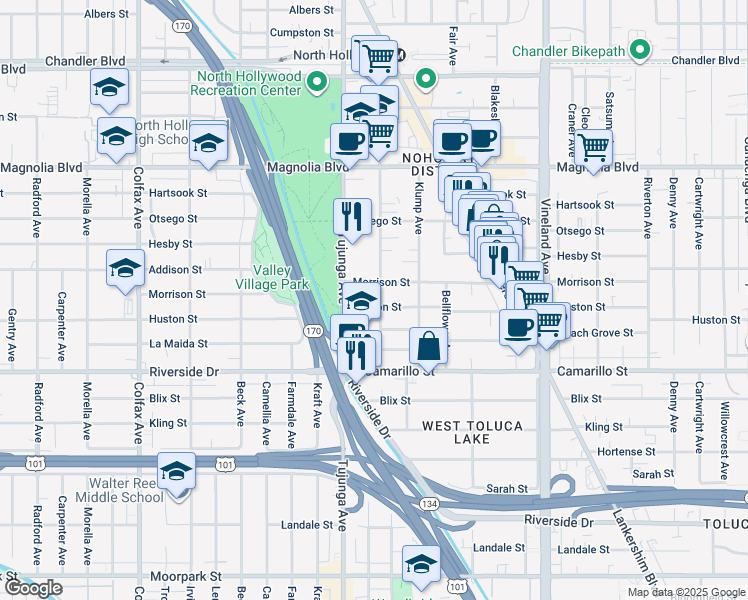 map of restaurants, bars, coffee shops, grocery stores, and more near 11275 Peach Grove Street in Los Angeles