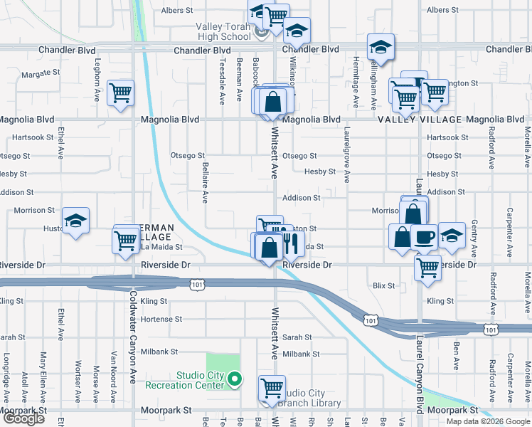 map of restaurants, bars, coffee shops, grocery stores, and more near 4905 Whitsett Avenue in Los Angeles
