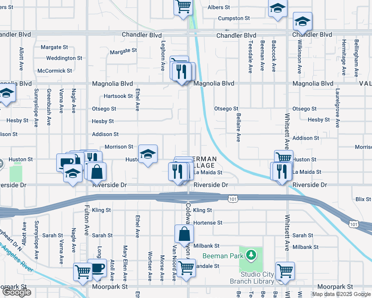 map of restaurants, bars, coffee shops, grocery stores, and more near 4900 Van Noord Avenue in Los Angeles
