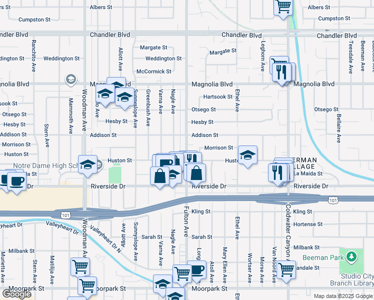 map of restaurants, bars, coffee shops, grocery stores, and more near 4906 Fulton Avenue in Los Angeles